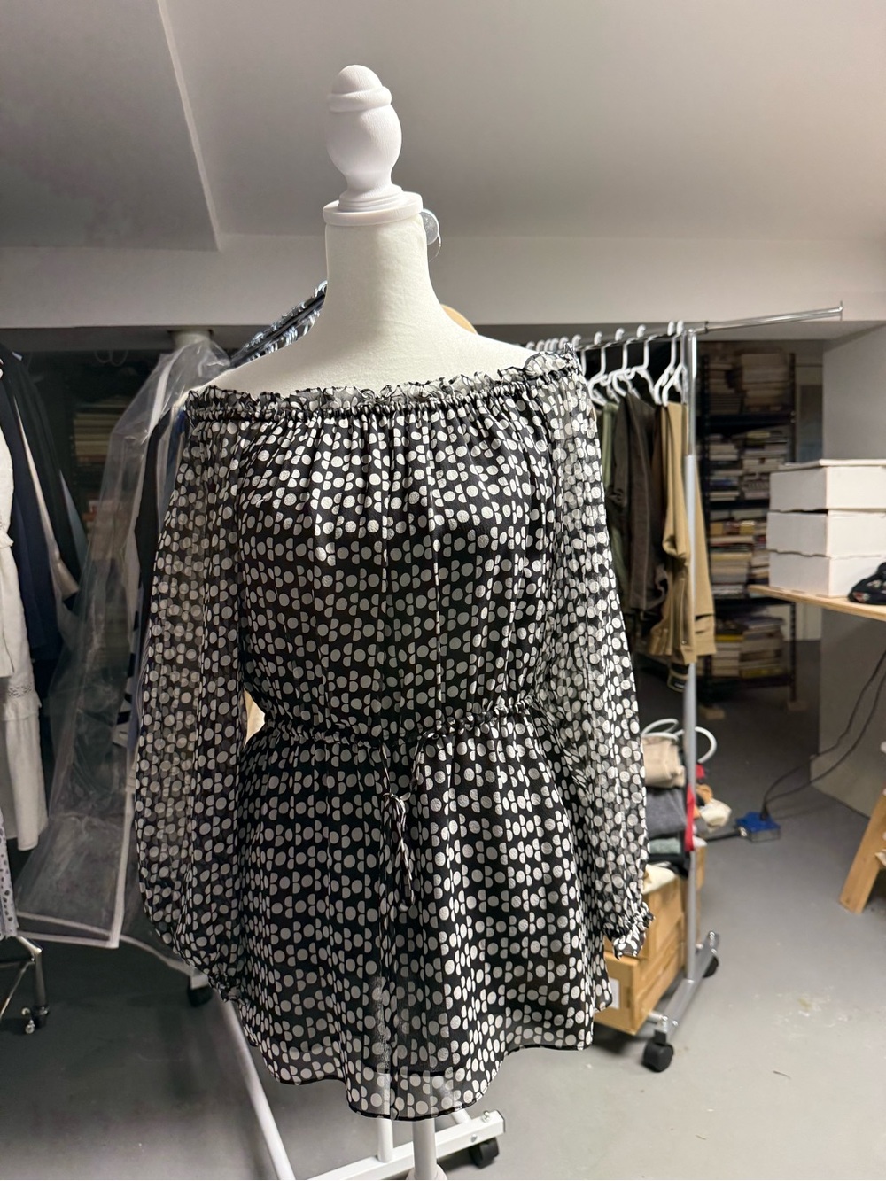 Diane Von Furstenberg Black and White Polka Dot Off-Shoulder Blouse